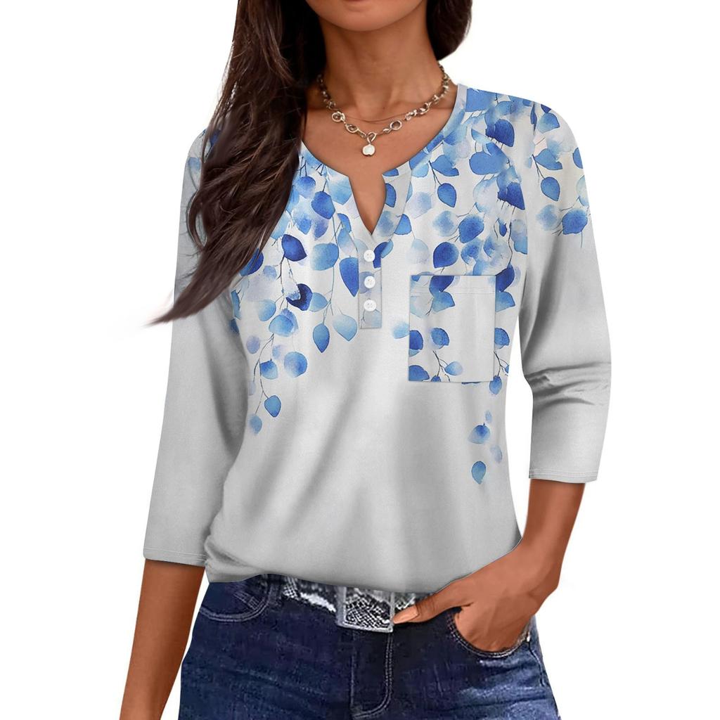 Dámská Ležérní Módní Výstřih do V Volná Univerzální Květinový Potisk Tříčtvrteční Rukávy