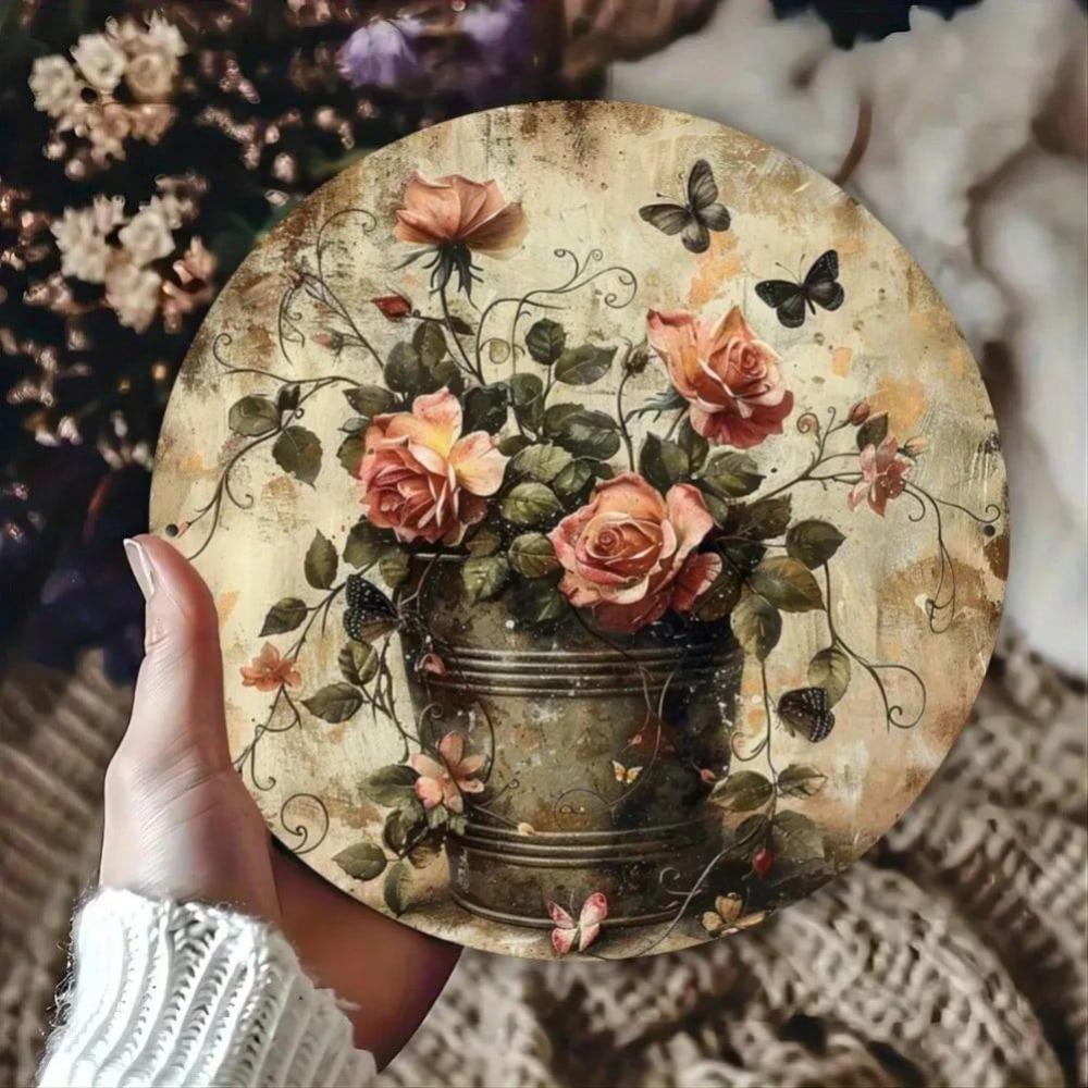 Vintage Floral Metal Wall Art Round Indoor Outdoor Decor Plaque