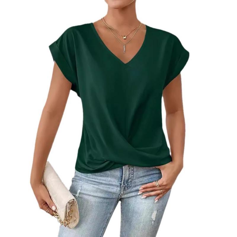 Summer Hot Item Solid Color V-neck Short Sleeved T-shirt for Women Elegant Pullover Top Shirt