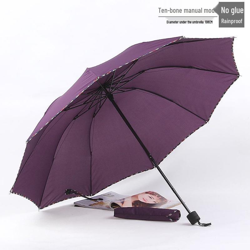 Extra Large Dual-Use Umbrella for Men and Women: Manual Three-Fold Design with Reinforced Black Glue for Rain or Shine Protection.