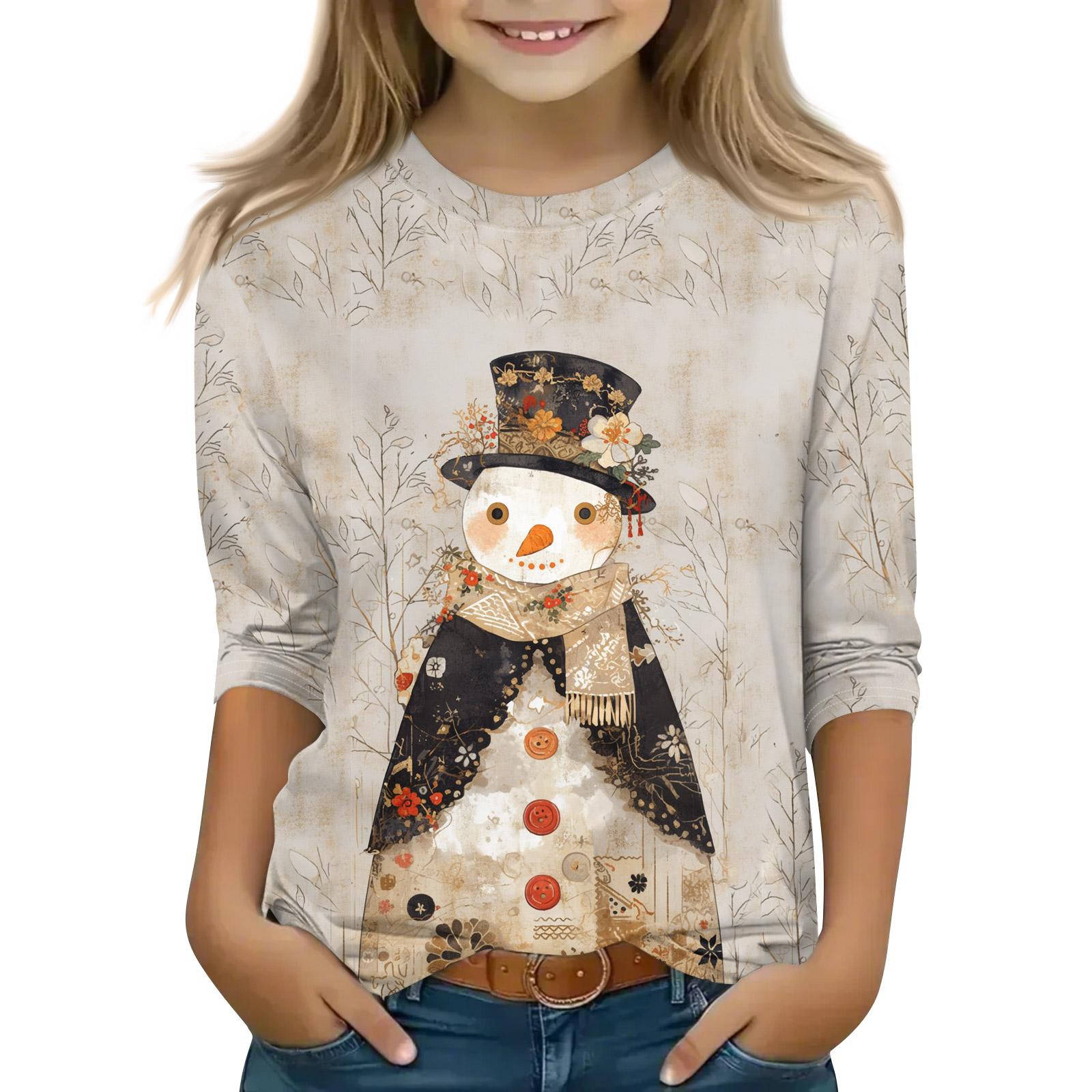 

Рождественские топы с принтом для девочек-подростков 4-11 лет, футболки с круглым вырезом и рукавами 3/4, модные топы, нарядные футболки 110 бежевый