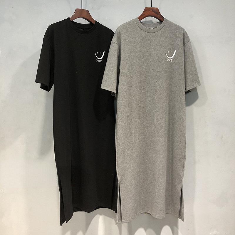 

Летнее платье-футболка свободного кроя с разрезом и коротким рукавом в корейском стиле для женщин Medium серый