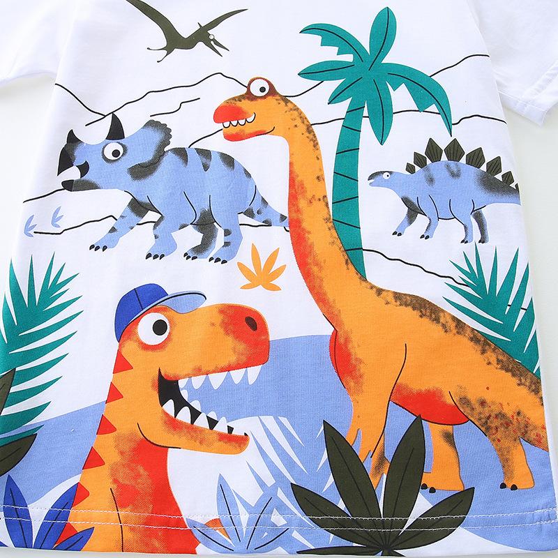 Summer new boys knitted cotton set, toddler cartoon dinosaur printing short sleeve sleeve two-piece set