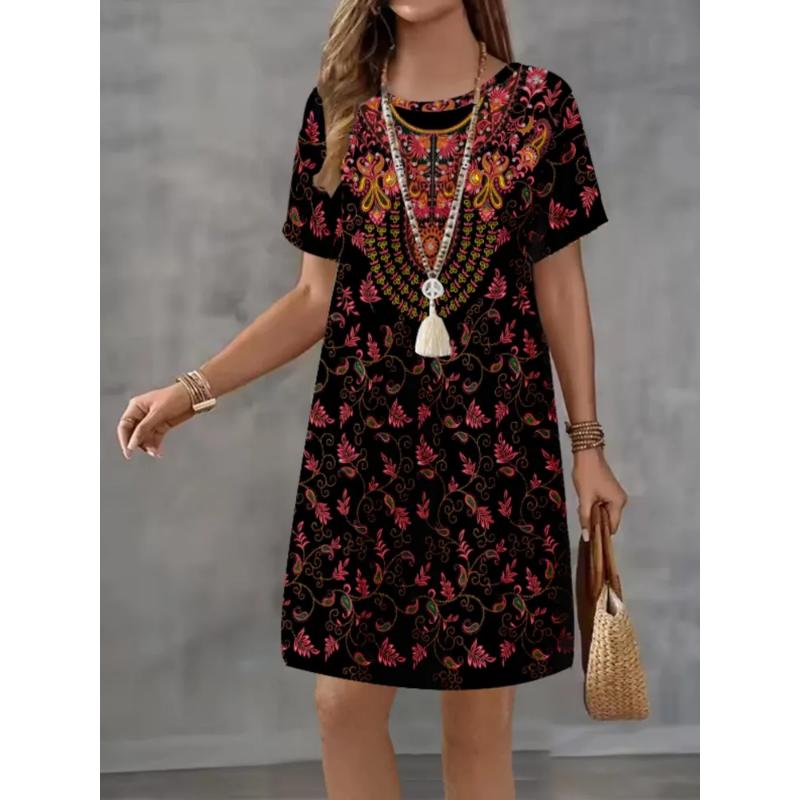 Patterns Women Mini Dresses Summer Short Sleeve Printed Plus Size Casual Comfortable Soft Dress