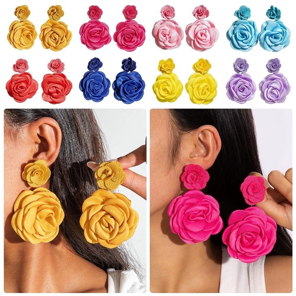 1 Pair Multi-Color Flower Stud Earrings Large Drop Earrings Floral Earring Gentle Fresh Fabric Simulated Floral Earrings