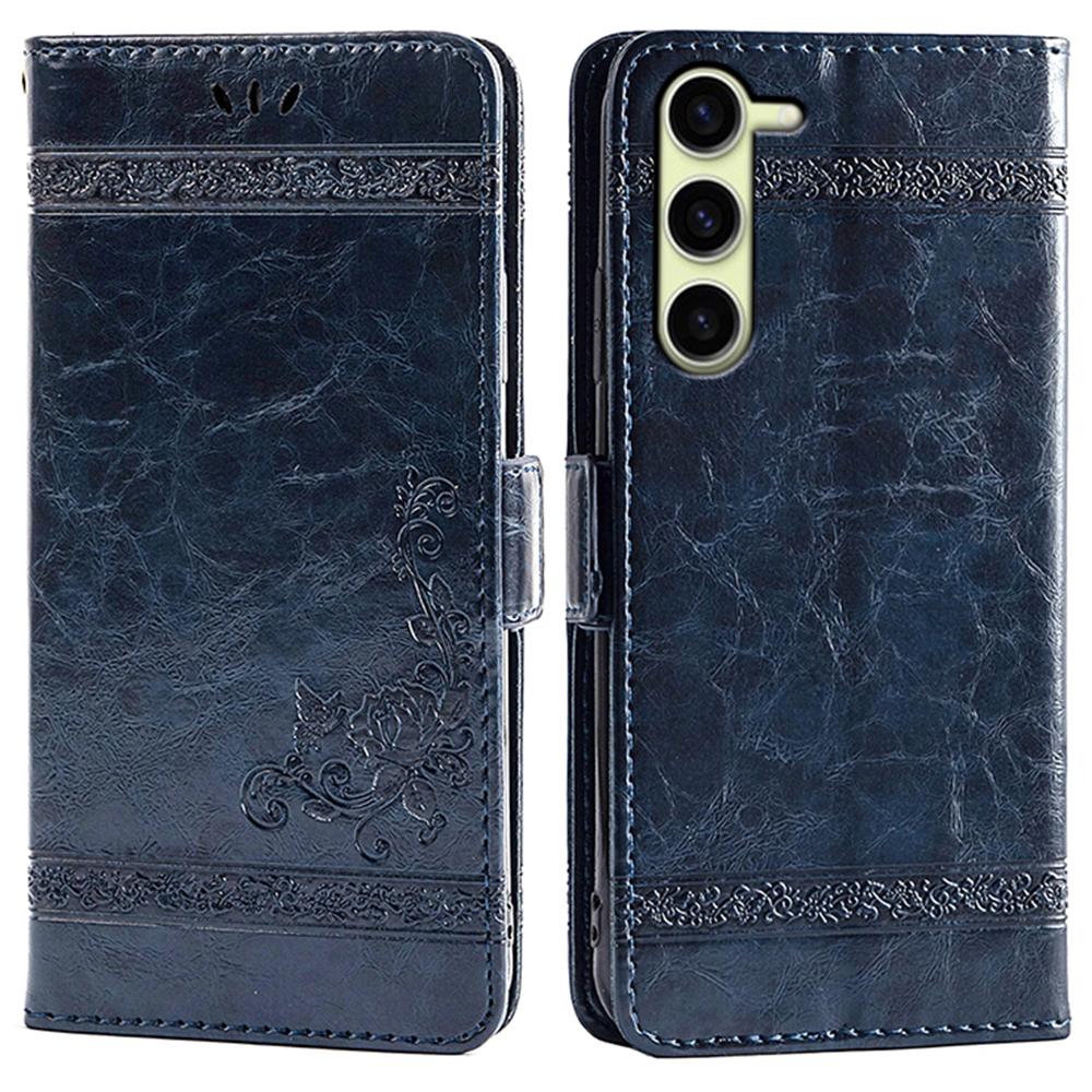 

For Samsung Galaxy S23 Leather Case Flower Imprint Wallet Phone Cover with Side Buckle Blue