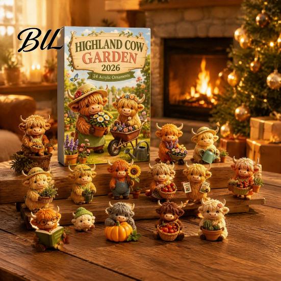 Family Interaction Toys Highland Cow Garden Advent Calendar 2026, 24 Day Christmas Countdown with 2D Creative Gift for Gardeners Acrylic Collectible