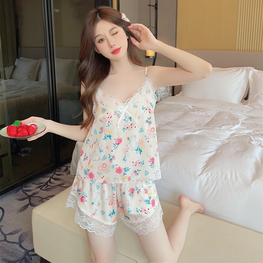 Summer New Pajamas Women's Ice Ribbon Chest Pad Printing Series Short Hanging Shorts Pure Desire Wind Lace Loungewear Set