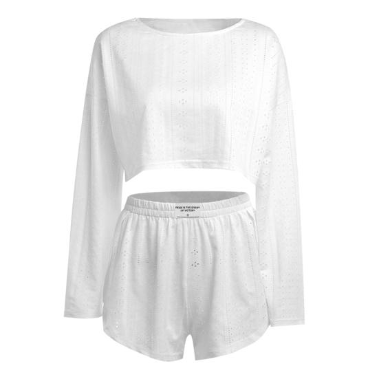 2 Teile/satz Frauen Top Shorts Outfit Aushöhlen Elastische Taille Lose Langarm O Hals Dünne Einfarbig Atmungsaktive Soft homewear T-shirt Shorts Set