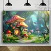 2D Enchanted Forest Fairy Tapestry, Magical Mushroom House Wall Hanging for Aesthetic Room Decoration