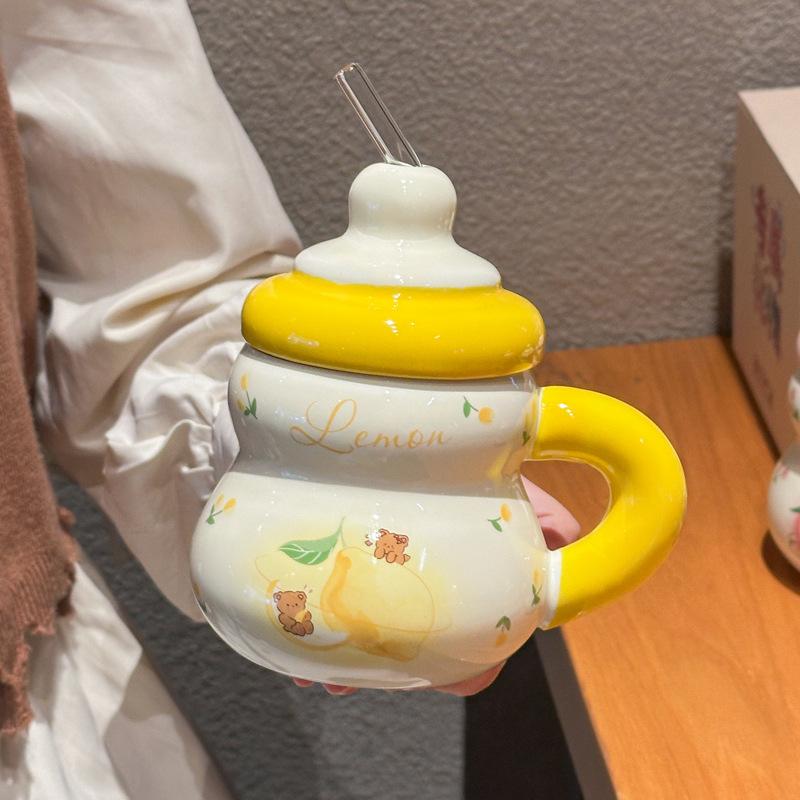 Super cute strawberry straw drinking cup for girls' birthday cup ceramic mug with lid girlfriend souvenir gift