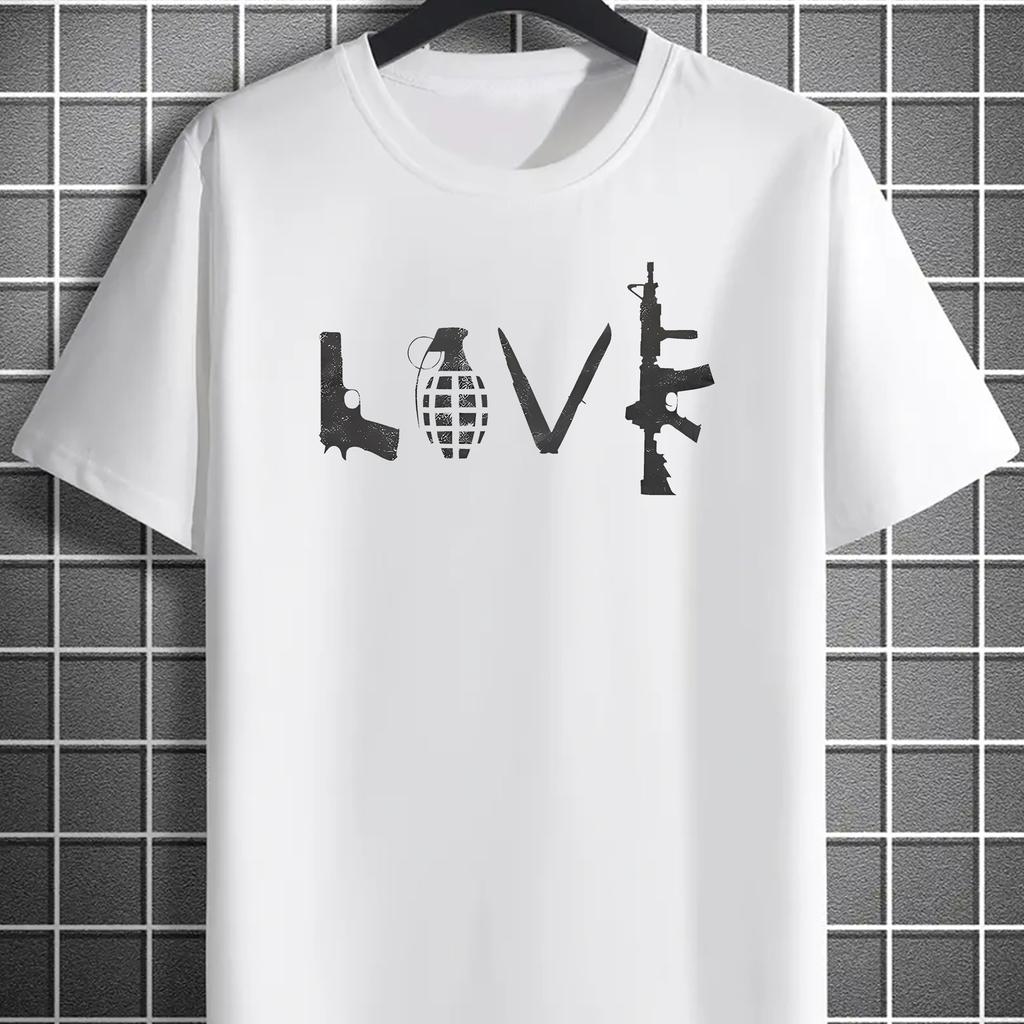 Lover Gun Print Men Round Crew Neck Short Sleeve Simple Style Tee Fashion Regular Fit T-Shirt Casual Top