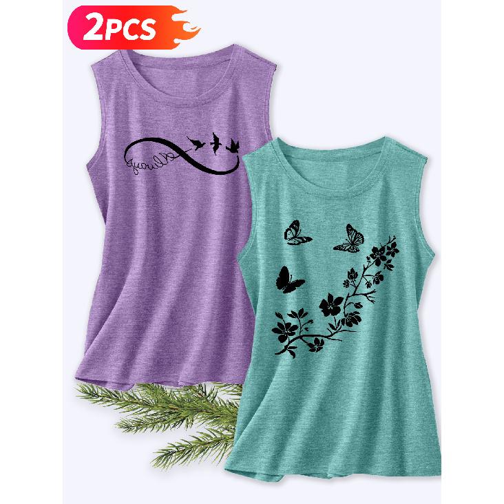 Follow a Specific Direction Two-piece Women's Tank Top with Butterfly and Floral Print Elegant Summer Party Outfits Sleeveless Vest Essential Fashion