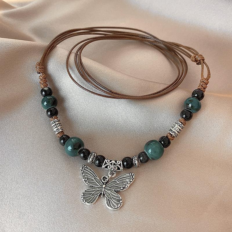 New chinoiserieretro beaded butterfly necklace female new chinoiserie zen accessories stylish cool bone chain