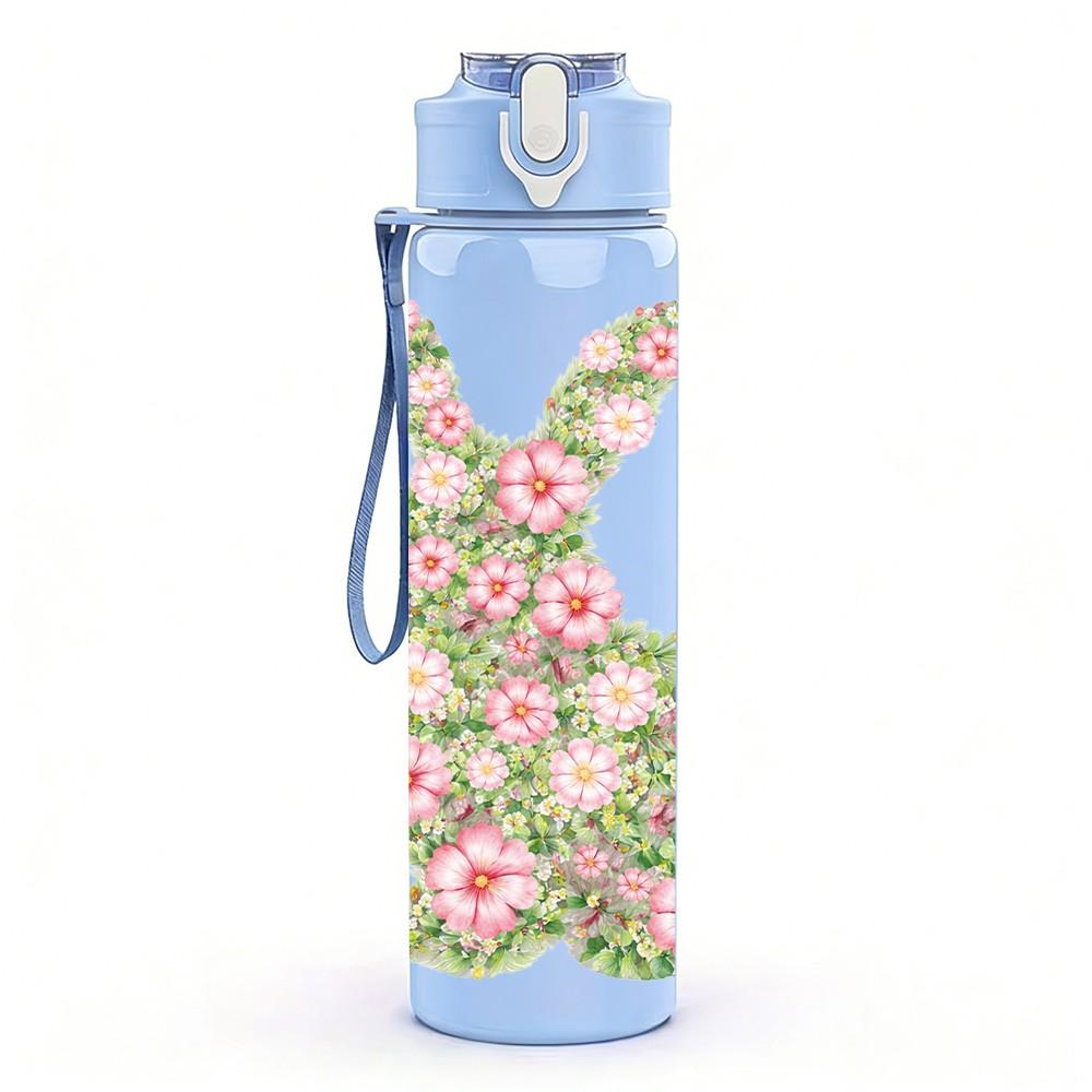 1PC Floral Print Bunny Easter Animal Art 750ml Color Plastic Sports Water Bottle Leakproof Flip Straw Lid Suitable for Sports Office Home Use