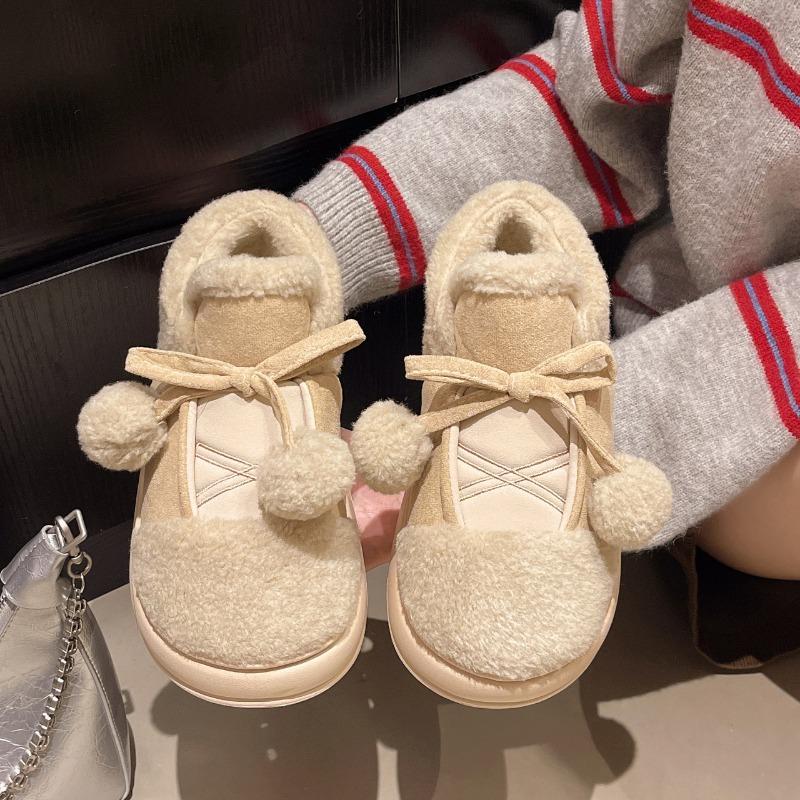 Cute cartoon hairball snow boots women's new winter wear thick-soled warm piled thickened cotton shoes home cotton boots