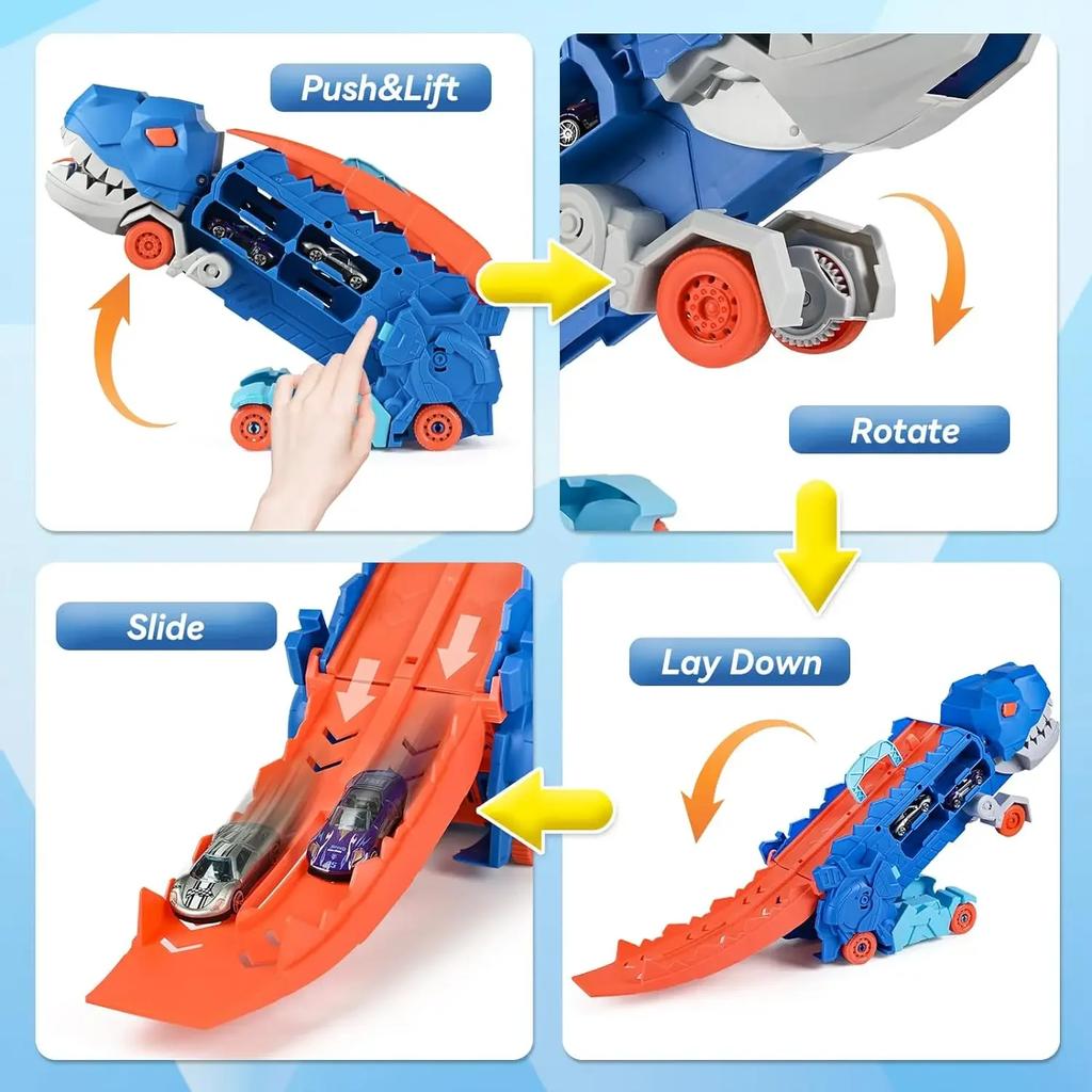 Transport Dinosaur Truck with Foldable Sliding Race Track Transforms into Standing T-rex Best Birthday Gifts Toys Boys Girls