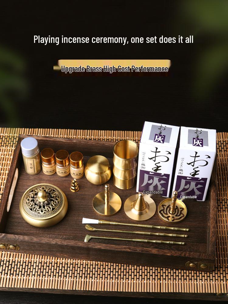 Brass Incense Ceremony Set: Seal Tools, Ash Press, Incense Powder, Burner, Shovel, Spoon, Stamp.