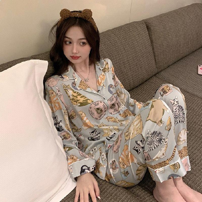 Women's Lingerie Pajamas Set Two-piece Silk Pajamas Long-sleeved Cardigan Trousers Printed Home Clothes Warm Season and Autumn Pajamas