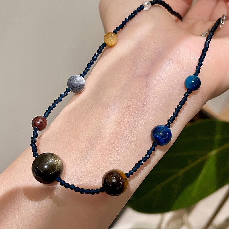Glazed beads, beaded tiger's eye stone, round color pendant, necklace, women's niche design, collarbone chain, temperament, versatile item decoration