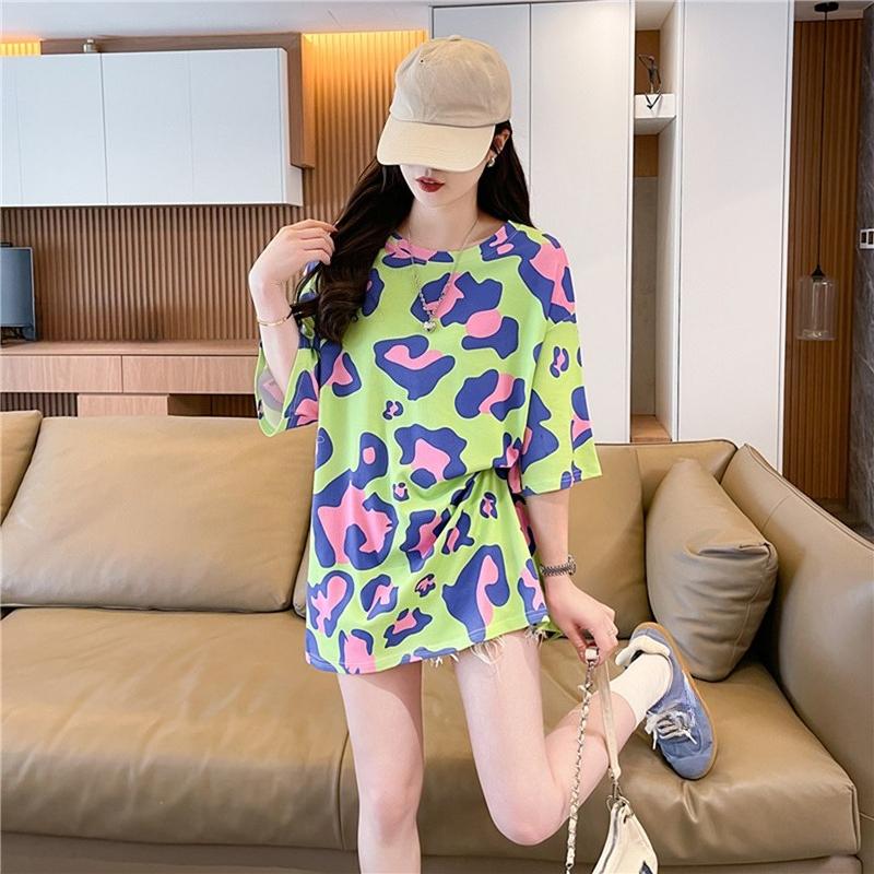 Korean Leopard Print Oversized Long T-shirts Fashion Large Size T-shirt Summer Women Green Y2k Tops Harajuku Hip Hop Streetwear