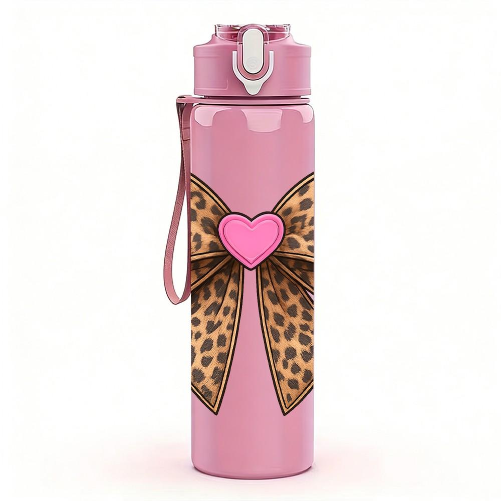 1PC Leopard Bow Pink Heart 750ml Color Plastic Sports Water Bottle Leakproof Flip Straw Lid Suitable for Sports Office Home Use