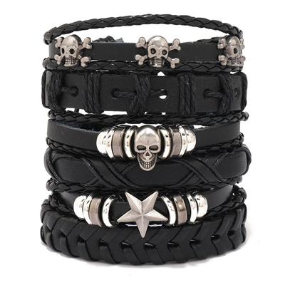 Punk Yeni Vintage Dokuma Dana Derisi Bilezik Kaynak Kombinasyonu Seti Kafatası Kafa Deri Bilezik