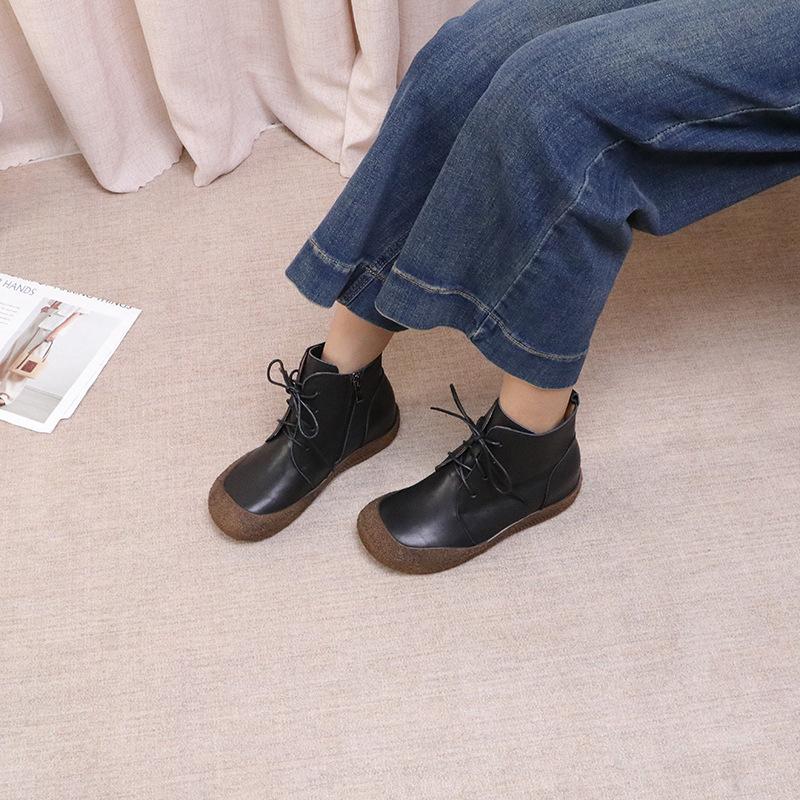 

Johnature Ботильоны из натуральной кожи на мягкой подошве на шнуровке, универсальные, ретро, с круглым носком, на плоской подошве, женские 40 чёрный