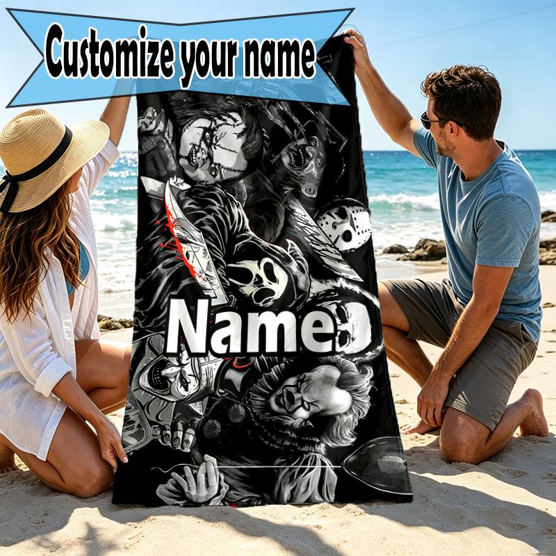 Custom Name Personalized horror movie Print Beach Towel, for Trip Camping Beach Party Home Decor, Birthday Gift for Family & Friends