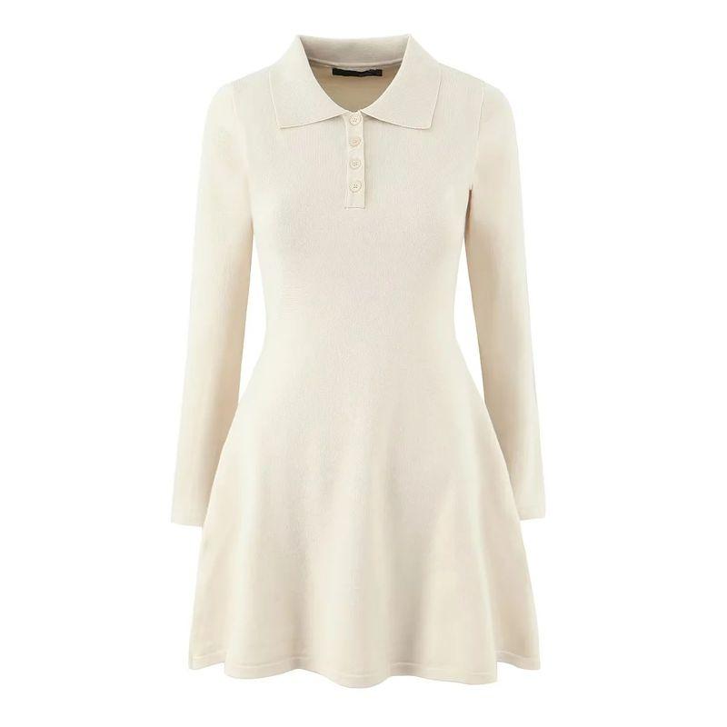 Autumn New Women Clothes American Retro Style Simple Polo Collar Long Sleeve Short A Word High Waist Knitted Dress