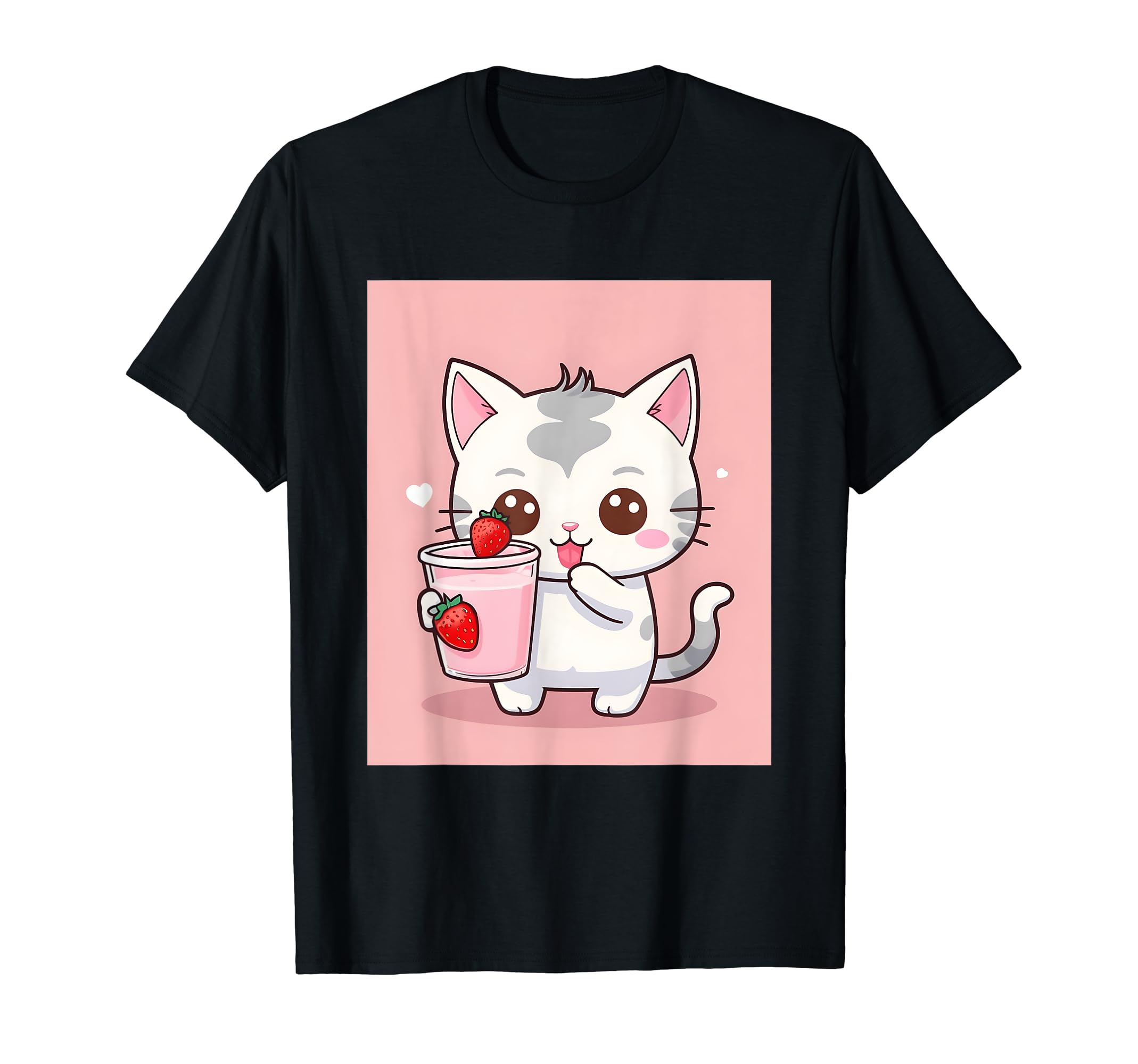 

strawberry things printed Kawaii, cat, milk, cute, Japanese, T-shirt чорний