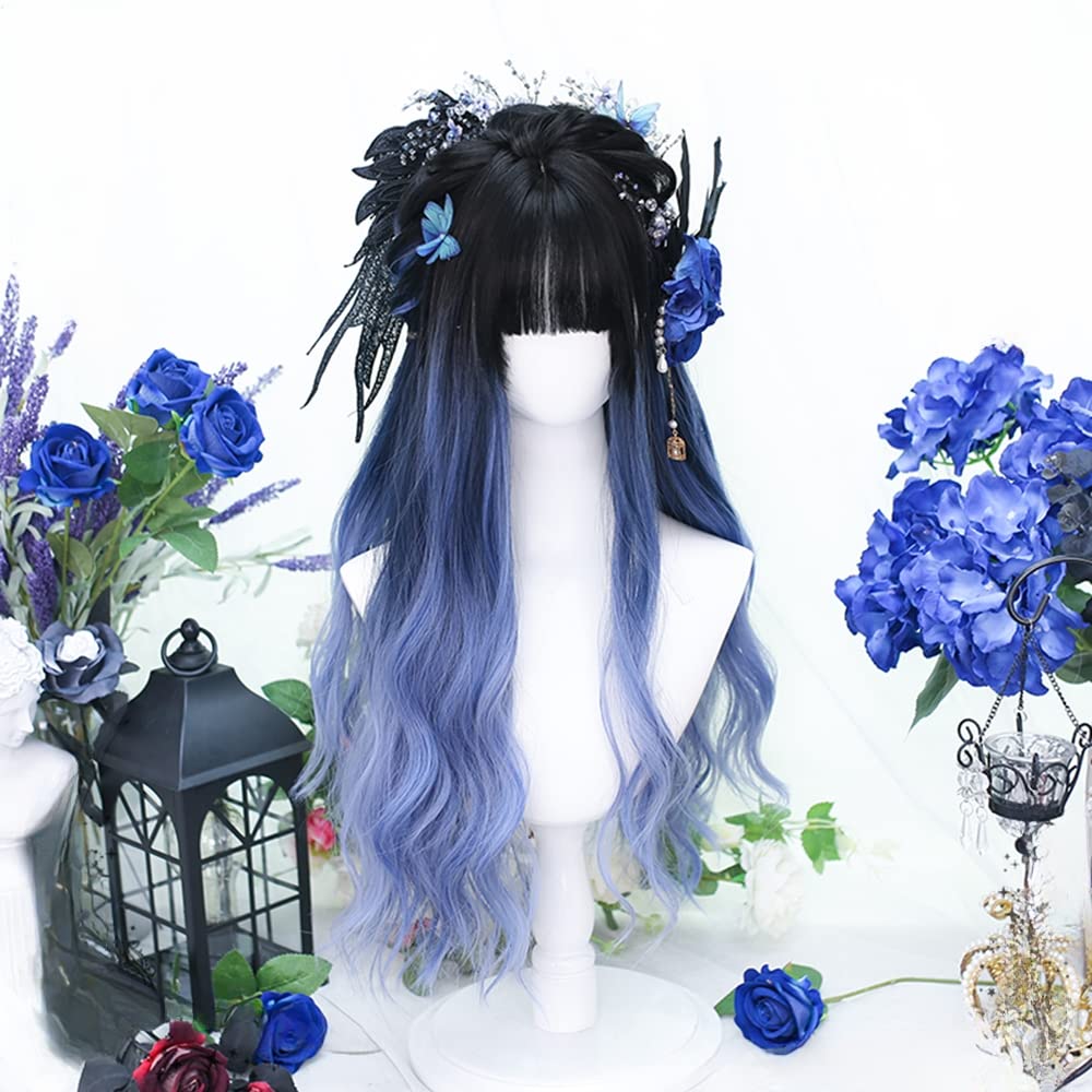 Lolita Wig, GAL Style, Semi-long Wig, Perm, Harajuku Style, Dreamy, Dark, Cute, Cosplay, Party, Lolita Style, Everyday Wig, Black, Blue, Gradient Wig
