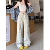 Autumn Women Loose Wide-Leg Pants Jeans Cargo Pocket Design Versatile High Waist Slimming Drape Mopping Pants