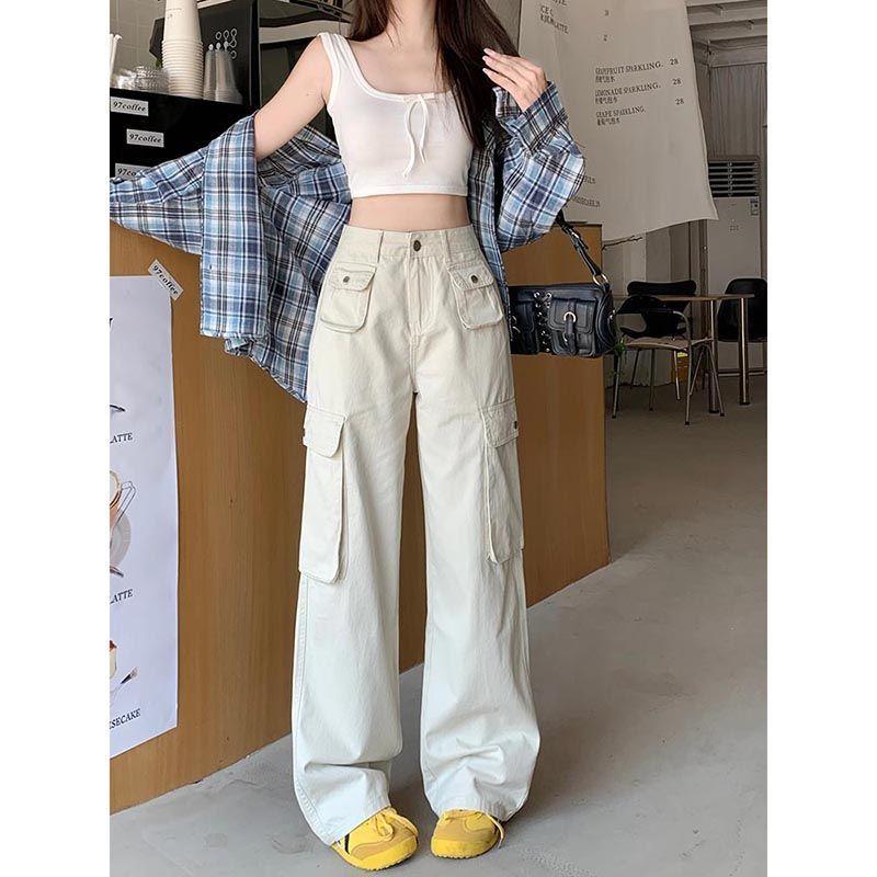 Autumn Women Loose Wide-Leg Pants Jeans Cargo Pocket Design Versatile High Waist Slimming Drape Mopping Pants