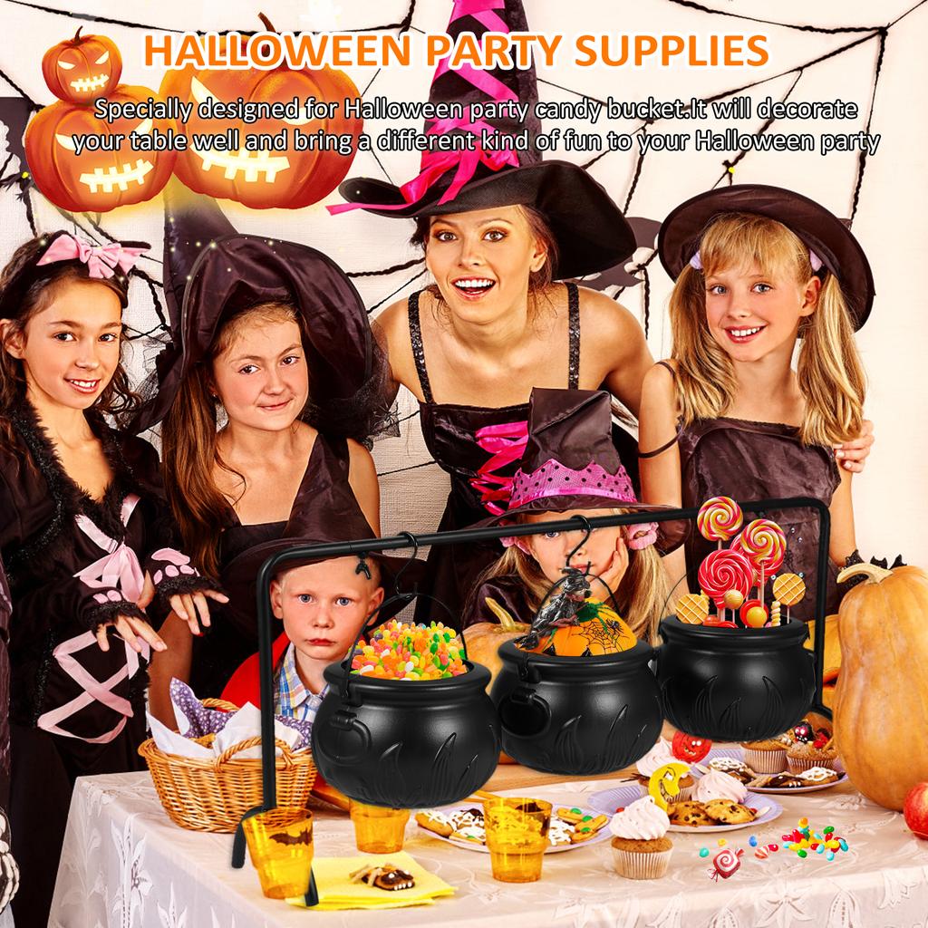 Halloween Candy Bowl Decorations Cauldron Bowls with Iron Rack, Halloween Party Decorations Candy Bucket
