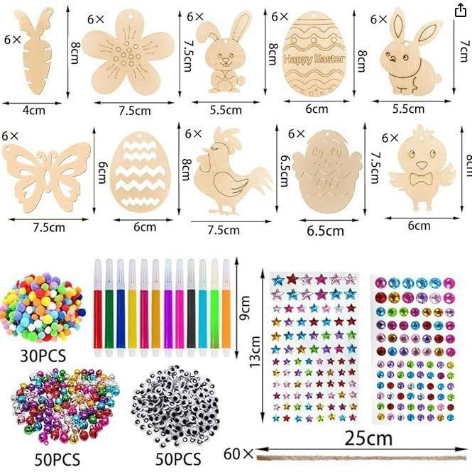 30/36/60pcs 1 Set Wooden Wooden Easter Pendant DIY Painting Craft Easter Hanging Ornament Happy Easter Rabbit Easter Egg Pendant