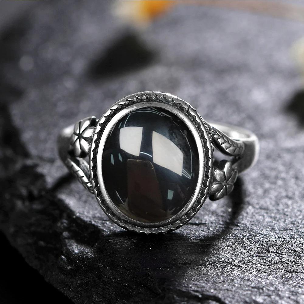 Vintage 925 Sterling Silver Black Onyx Ring Oval Shape Natural Stone Certified Fine Jewerly Retro Silver Rings for Women Men