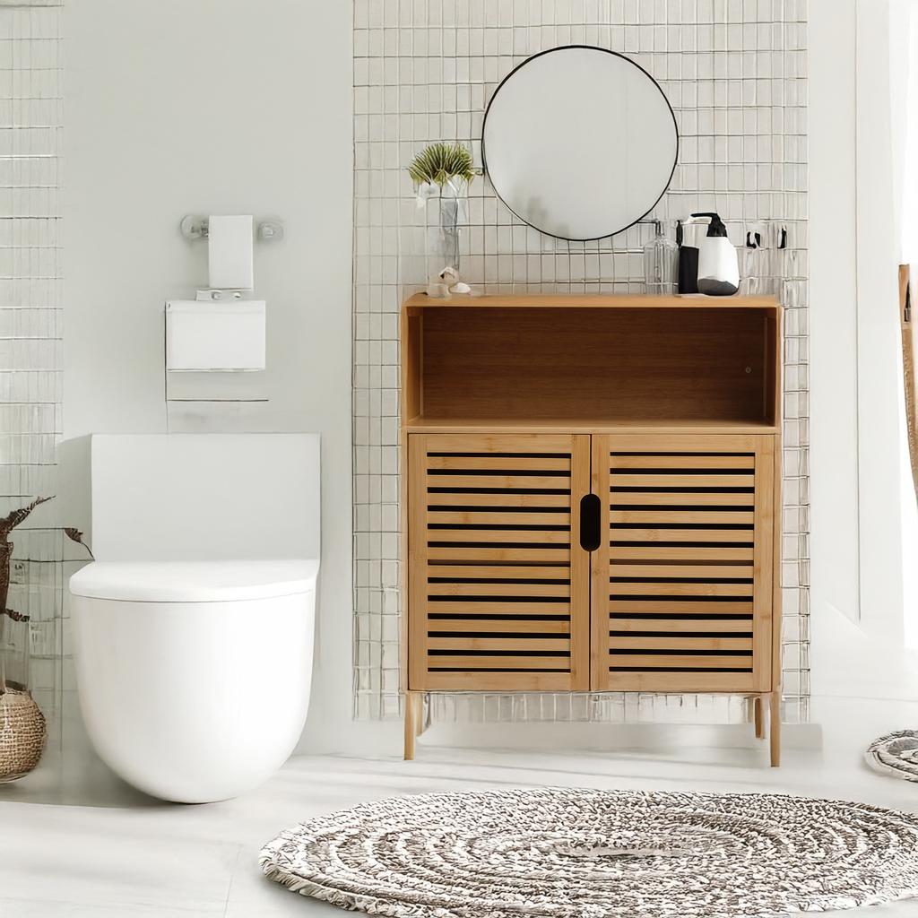 Bamboo Bathroom Cabinet With Countertop, Standing With Shelves, 81X65X31Cm