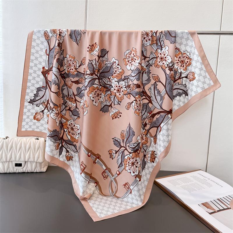 

Flower Simulation Silk Large Square Scarf Retro Flower Printing Professional Versatile Shawl Diagonal Silk Pattern Scarf Headscarf Women 90x90cm