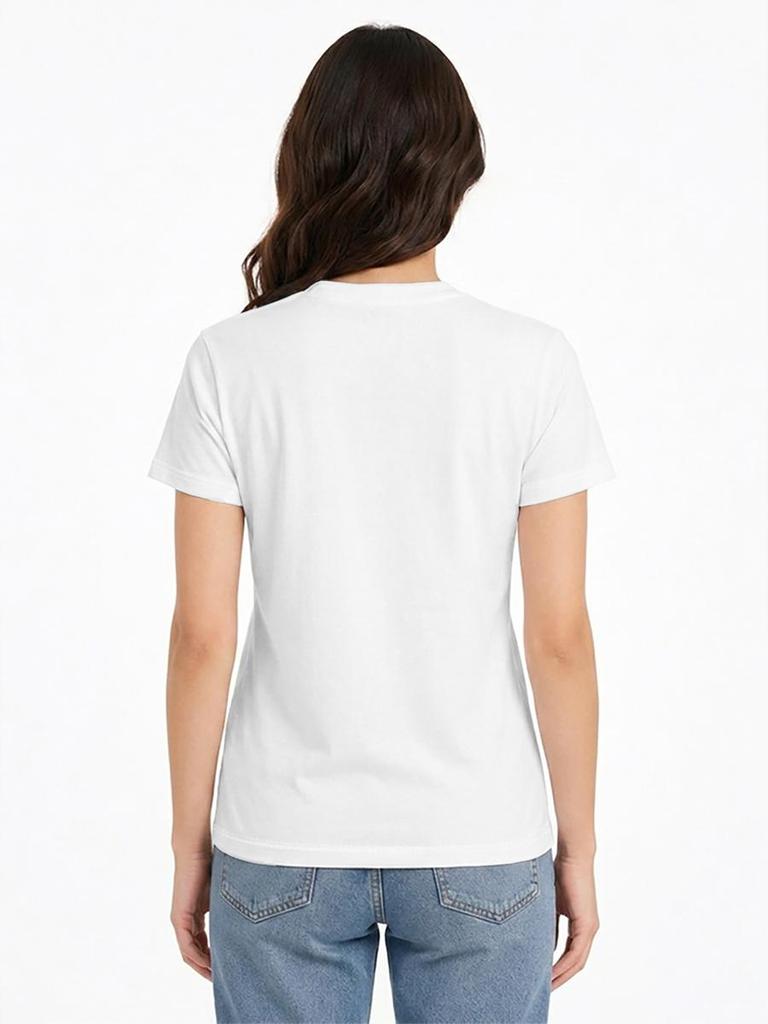 A stylish and versatile white T-shirt with pink book and bow-themed details, perfect for a sophisticated summer look.