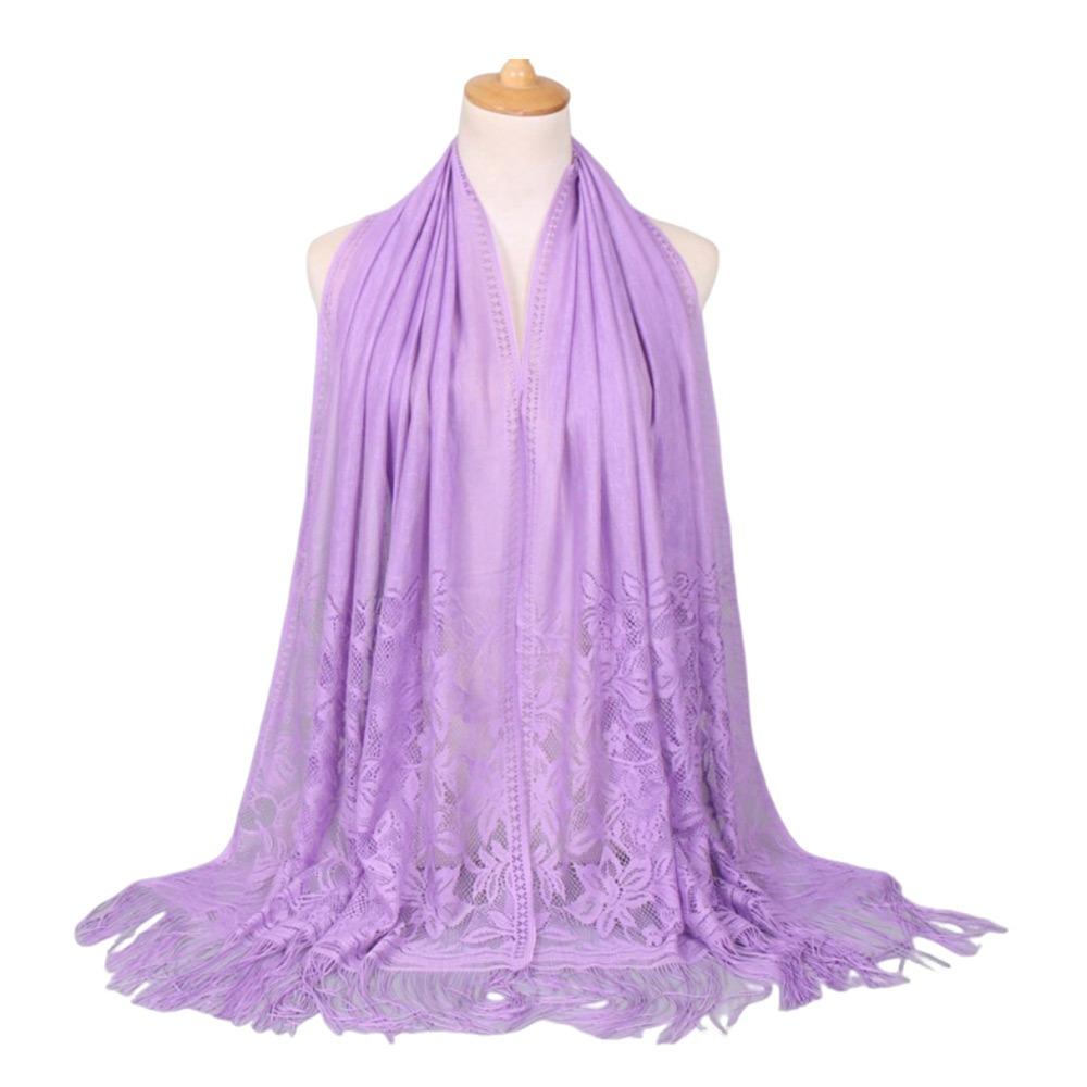 Cross-Border Solid Color Lace Scarf Cotton Blend Muga Silk Hollow Scarf Hollow Design Tassel Trim Mesh Scarf Casual Wear