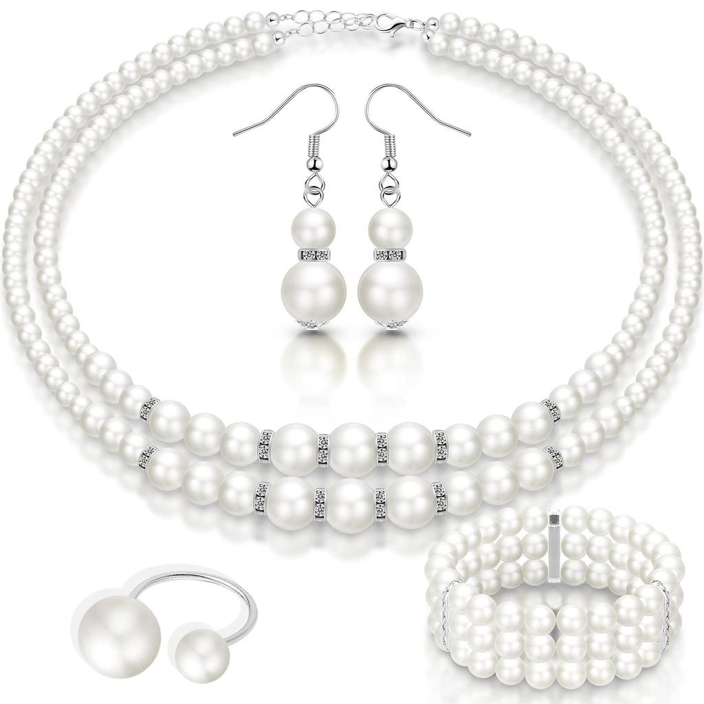 New Fashion Jewelry, Bridal Necklace Three-piece Set, European and American Popular Elegant Luxury Pearl Neck Chain Earrings Jewelry