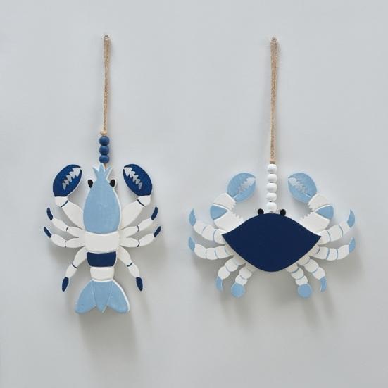Handmade Wooden Beach Hanging Ornaments Rustic Lobster Crab Turtle Marine Animal Decor Coastal Ocean Theme Wall Art with Hemp Rope for Home Living