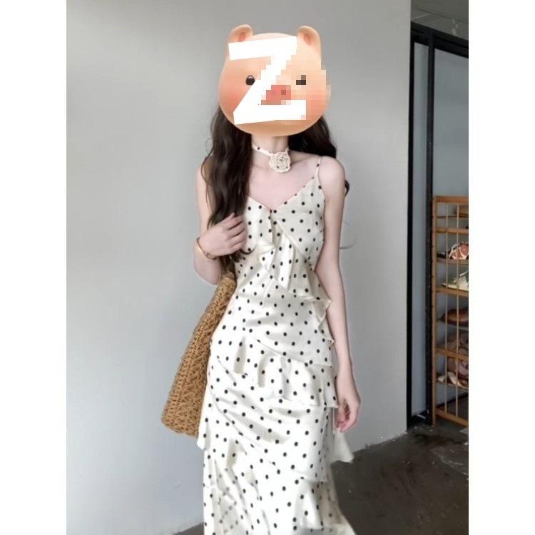 French Pure Desire Wind Polka Dot Suspender Dress Women's Summer New Beautiful Lotus Leaf Edge Waist Thin Skirt Women