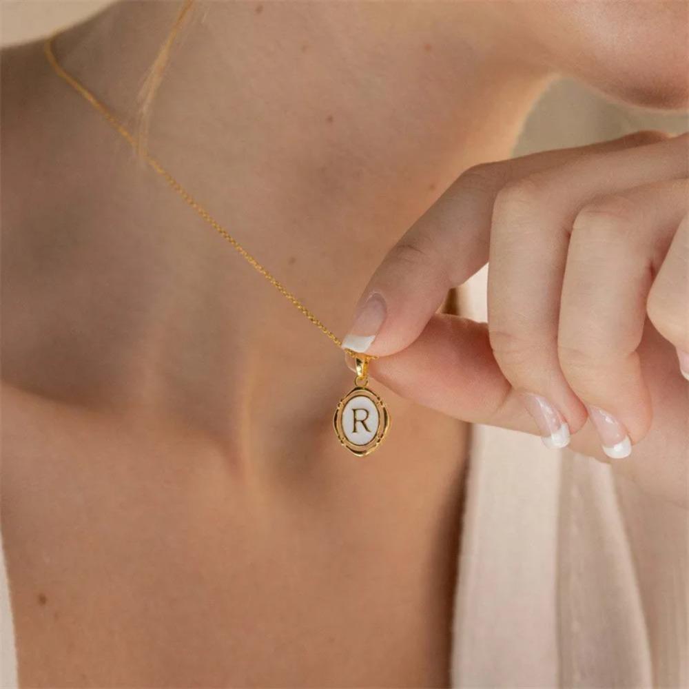 Stainless Steels Drip Oil 26 Letter Oval Necklaces for Women Alphabet Initials Pendant Necklace Aesthetic Zircon Gift