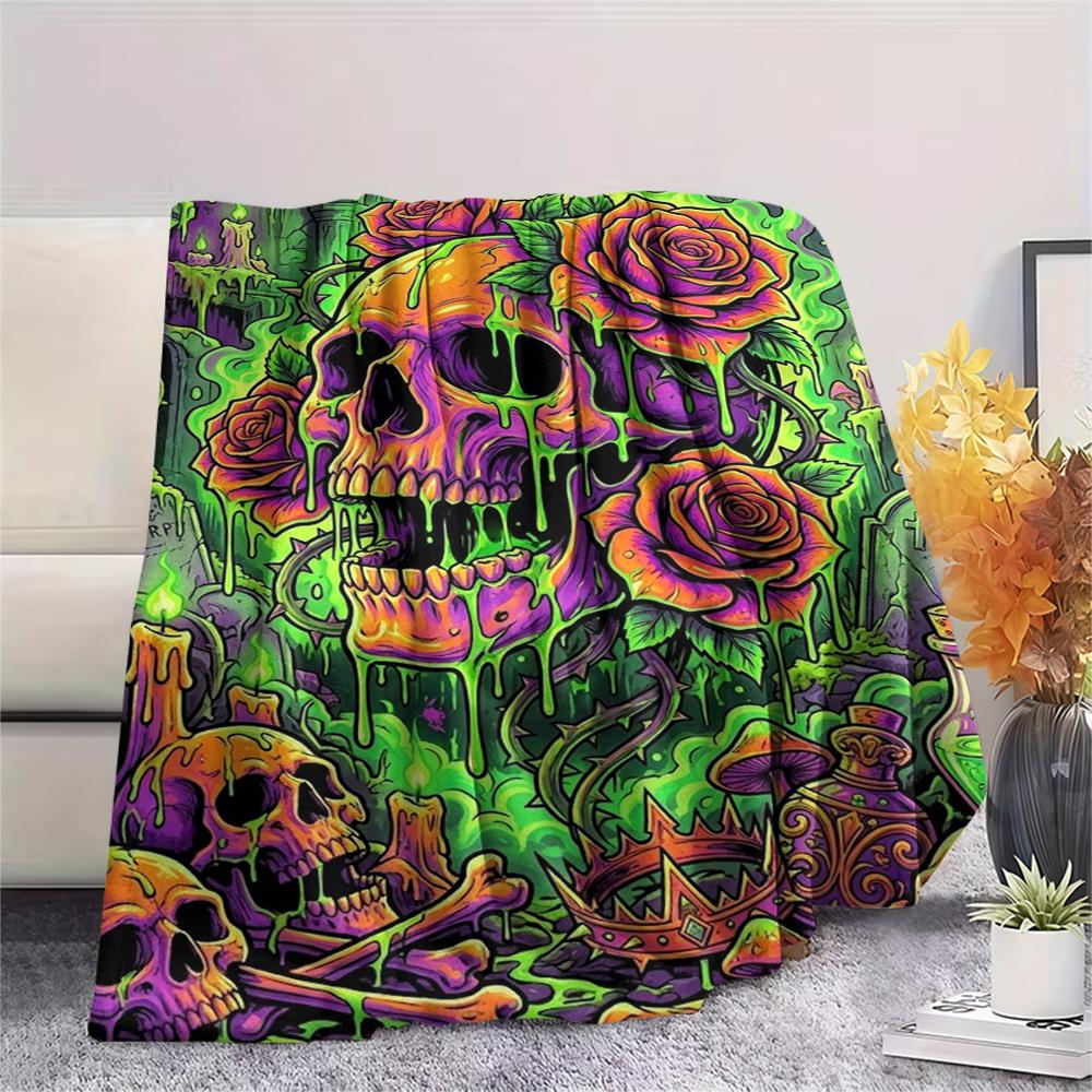 Corrosive Acid Skull and Rose Print Flannel Blanket,High Quality Comfortable for All Seasons,Home Decor,Warmth and Comfort,Perfect for Christmas Gifts