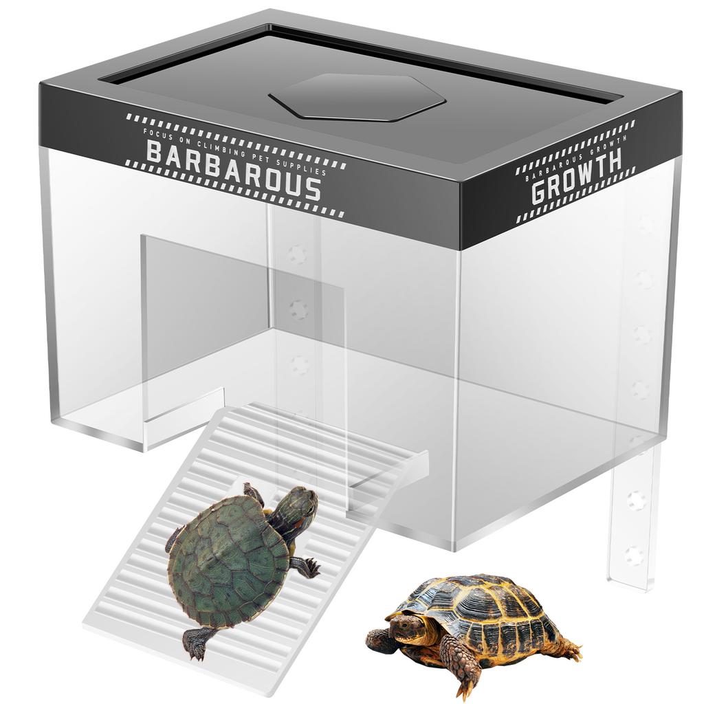 Turtle Basking Platform with Lid and Nonslip Ramp Transparent Turtle Dock Island for Reptile Terrarium Aquarium Accessory