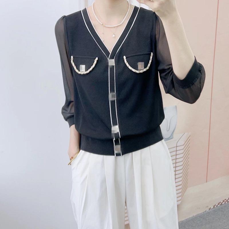 

Весна и лето Бренд Counter Fashion Корейская версия небольшого аромата Трикотажный шифоновый рукав V-образный вырез Пуловер Маленькая рубашка XL