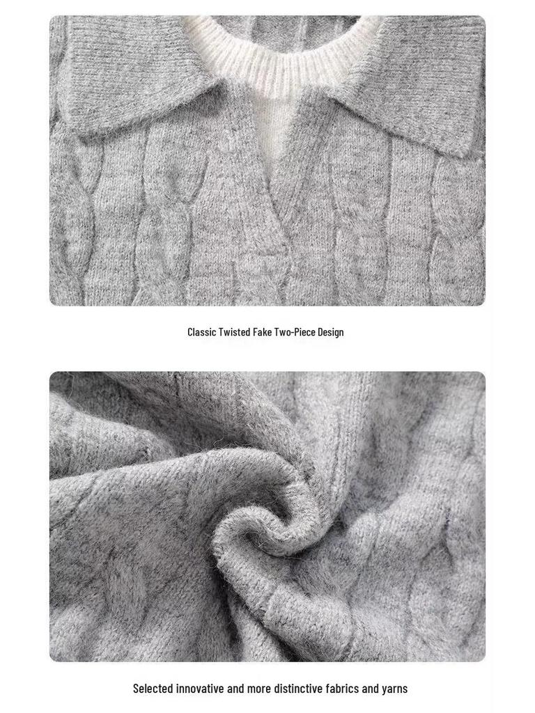 Men’s V-Neck Cable Knit Polo Sweater - Autumn/Winter Business Outerwear