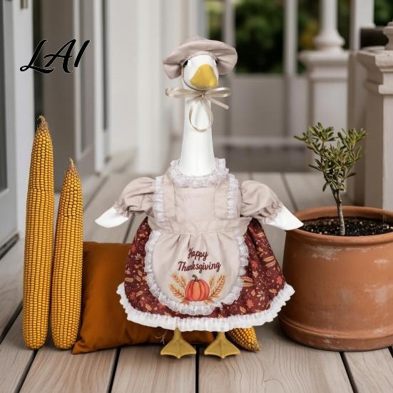 Dekorative Gänse-Kleidung für den Eingang Thanksgiving Veranda Outfits 23" Statue Herbst Ahornblatt Stoffkleid Schürzen-Set Kürbis-Kleidung Herbst